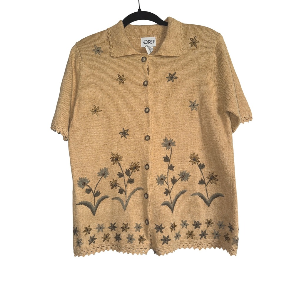 Koret Women's Floral Embroidered Knit Short‎ Sleeve Cardigan Sweater Tan Small